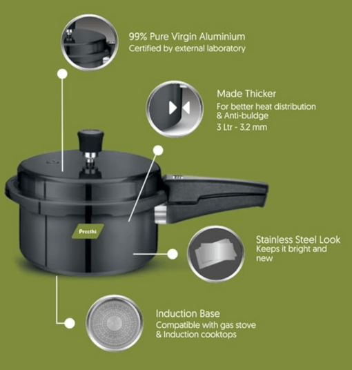 Preethi Hard Anodized Induction Base Outer Lid Pressure Cooker 3 Litres - Image 2